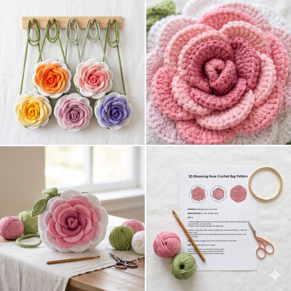 3D Blooming Rose Crochet Bag Pattern | Textured Floral Purse Tutorial (PDF Download)