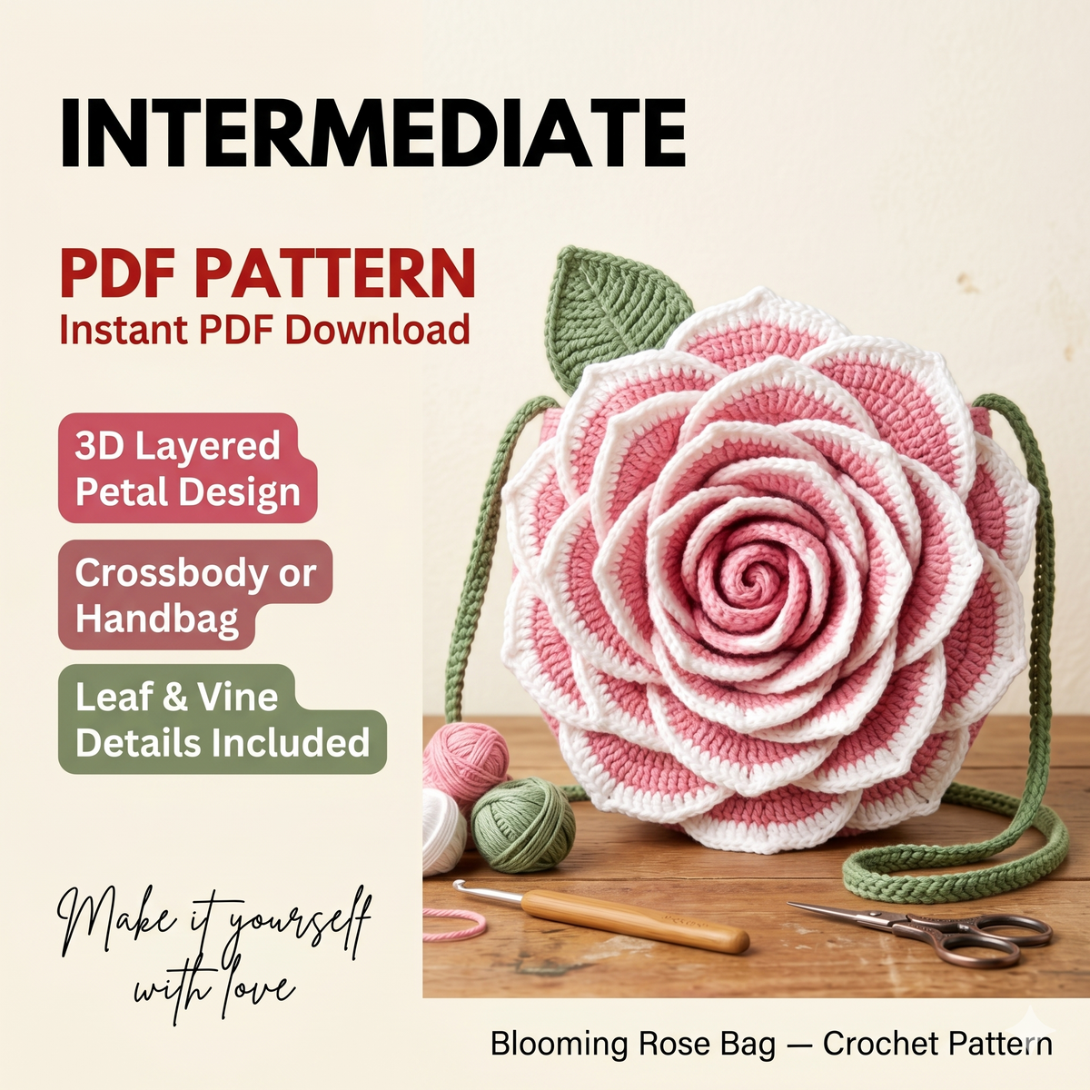 3D Blooming Rose Crochet Bag Pattern | Textured Floral Purse Tutorial (PDF Download)