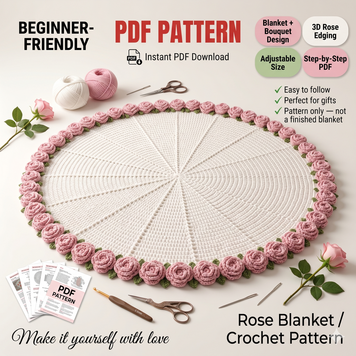 Crochet Rose Blanket Pattern, Flower Bouquet Blanket Crochet PDF, Aesthetic Round Blanket DIY, Rose Throw Pattern, Gift Idea Crochet