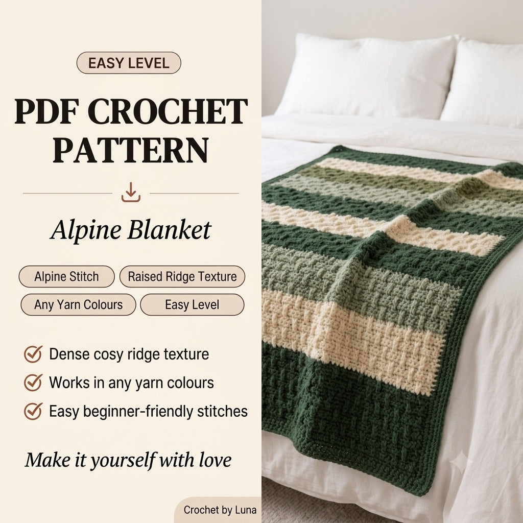 Alpine Stitch Crochet Blanket Pattern PDF – Textured Green and Cream Striped Throw
