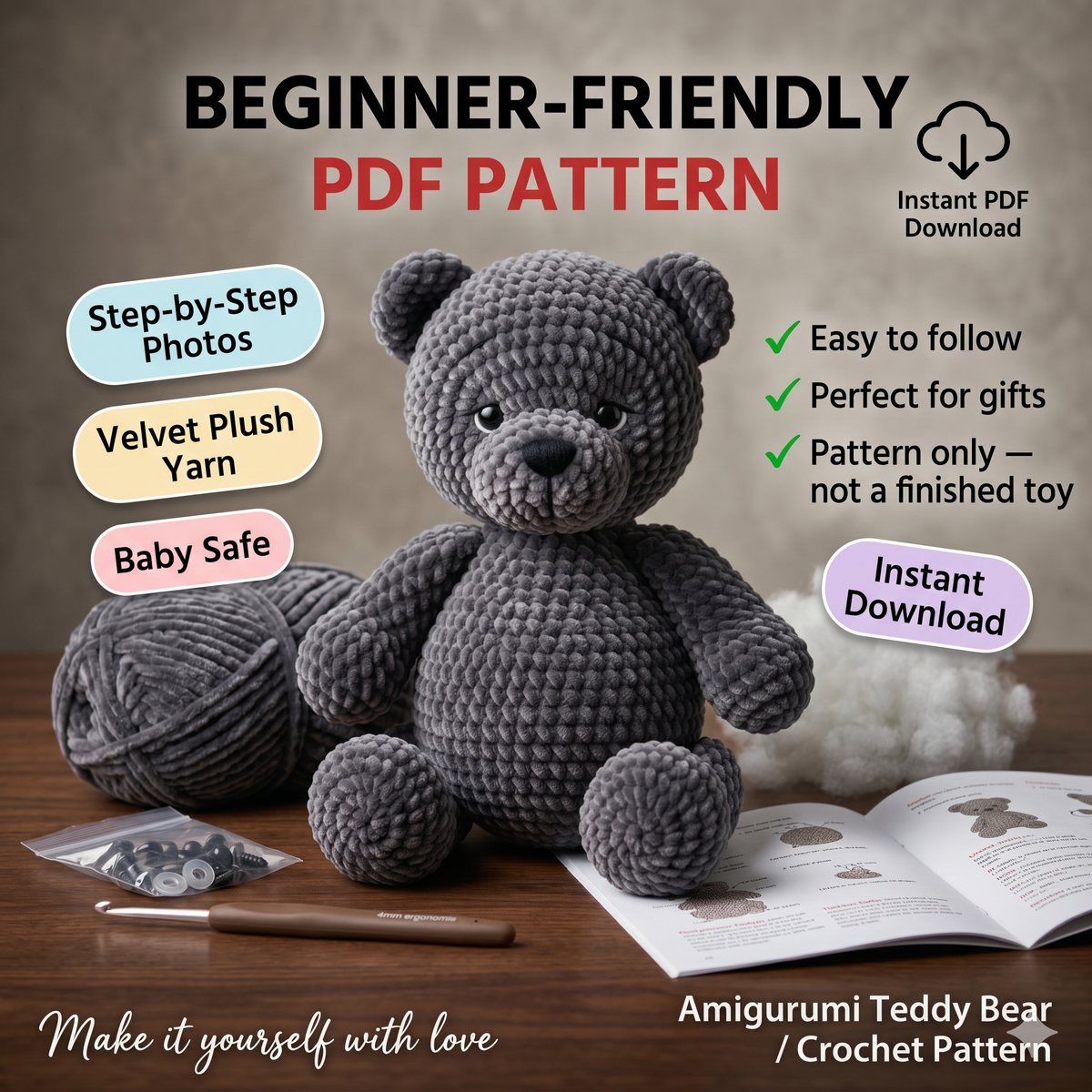 Amigurumi Teddy Bear Crochet Pattern | Plush Stuffed Animal Toy PDF