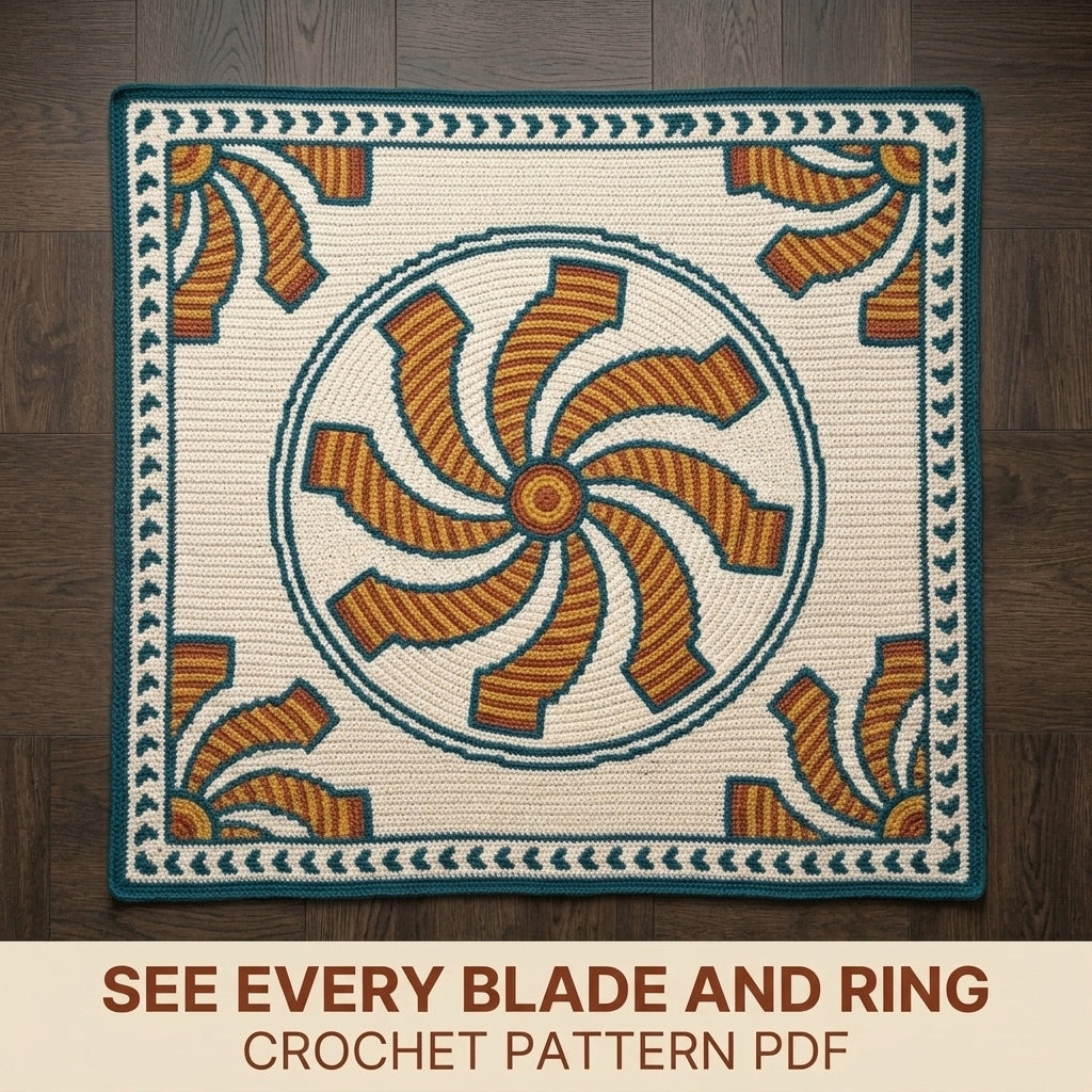 Pinwheel Tapestry Crochet Blanket Pattern PDF – Spinning Sun Throw in Mustard, Rust and Teal