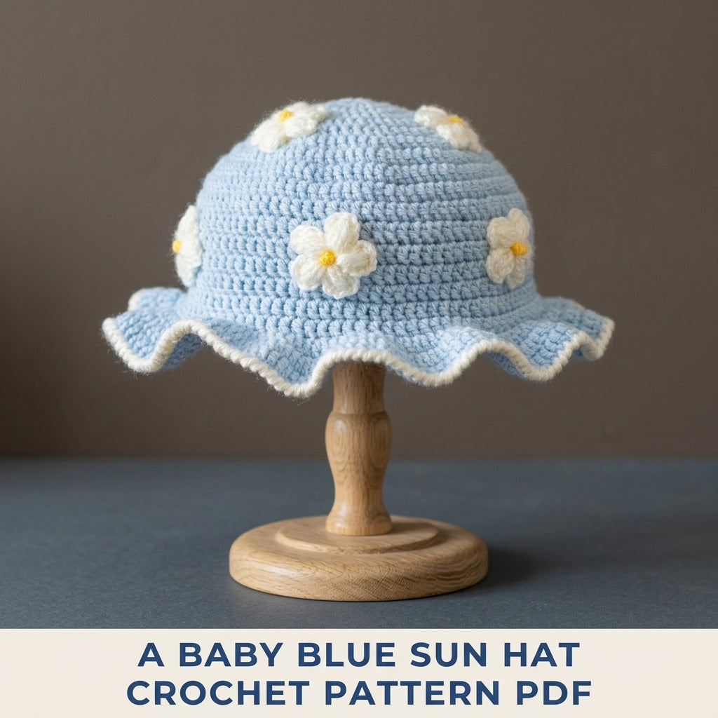 Blue Flower Ruffle Baby Hat Crochet Pattern PDF – Baby Sun Hat with Puff Flowers