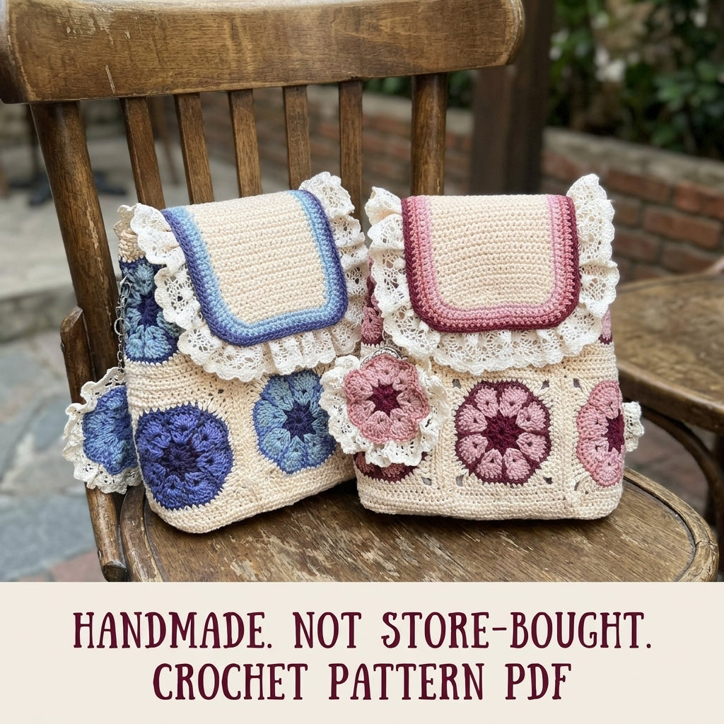 African Flower Mini Backpack Crochet Pattern PDF – Lace Ruffle Bag