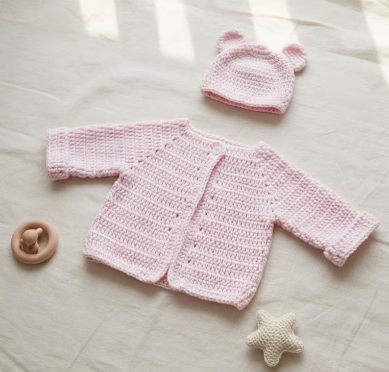 CROCHET PATTERN: Baby Cardigan & Teddy Bear Hat Set | Newborn Sweater Pattern | PDF Instant Download