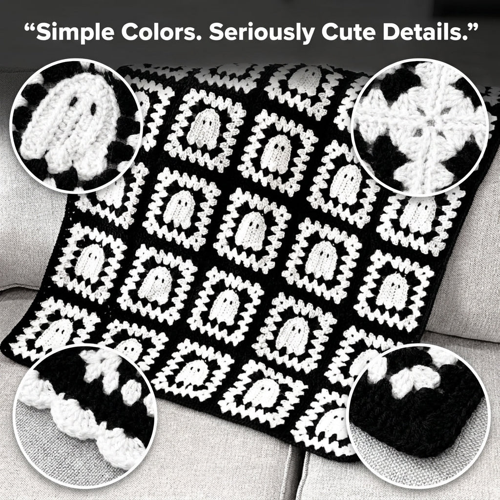 Ghost Granny Square Blanket Crochet Pattern | Black & White Halloween Throw | Beginner Granny Square Project | PDF Instant Download