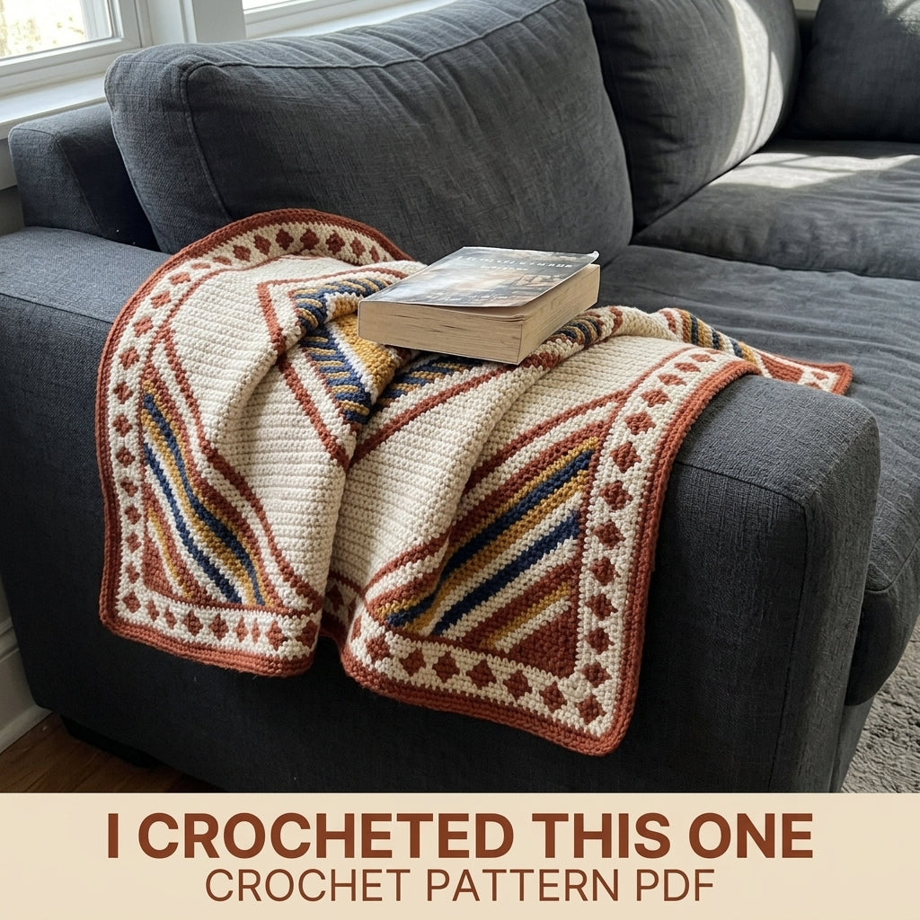 Diamond Tapestry Crochet Blanket Pattern PDF – Geometric Throw in Rust, Mustard and Navy