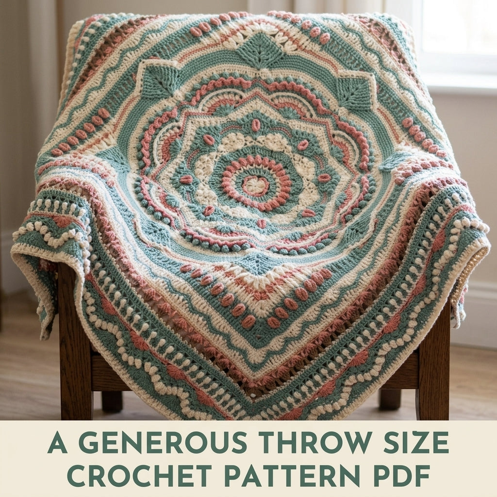 Sage Bloom Textured Crochet Blanket Pattern PDF – Sage, Cream and Coral Bobble Mandala Throw