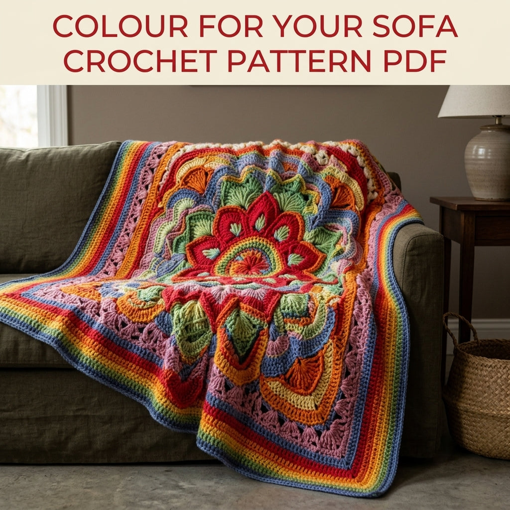 Rainbow Bloom Crochet Blanket Pattern PDF – Textured Overlay Mandala Throw with Stripes