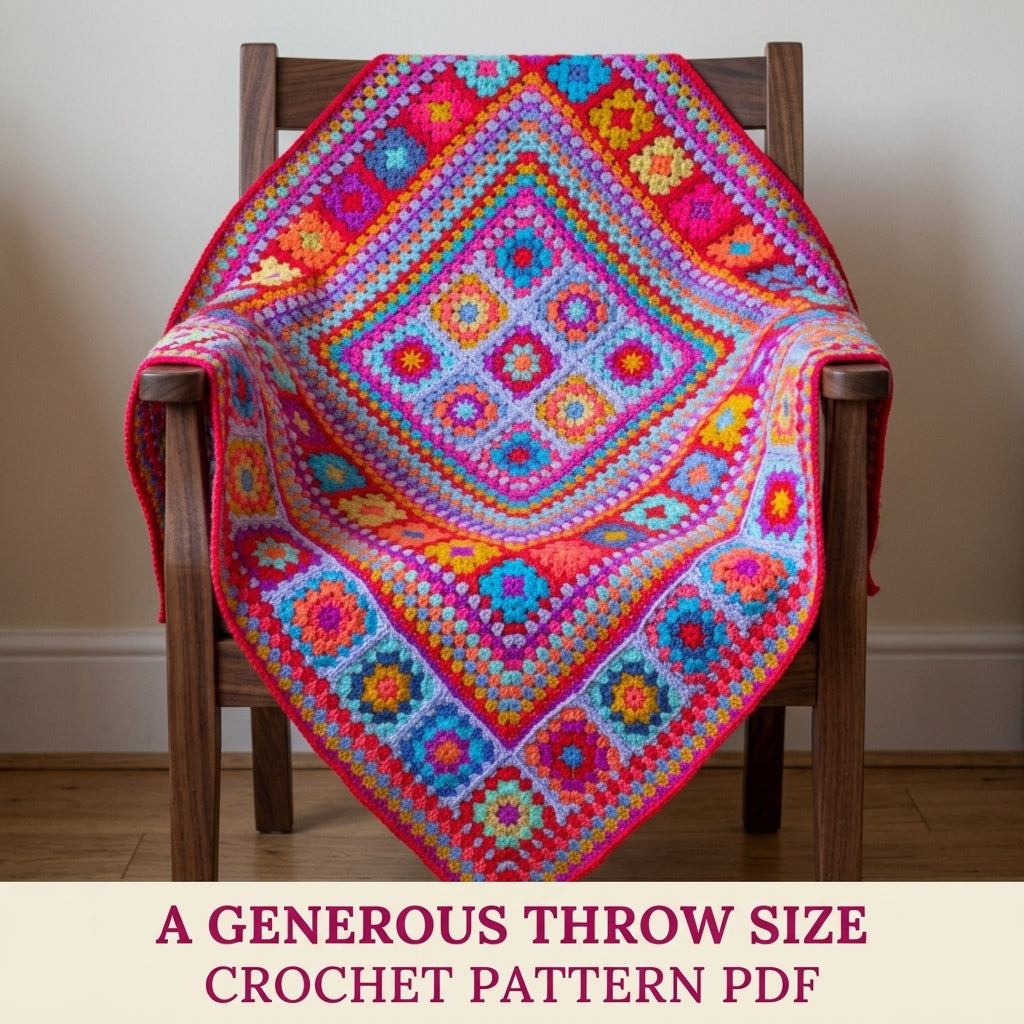 Sunset Granny Medallion Blanket Crochet Pattern PDF – Bright Pink and Orange Granny Throw