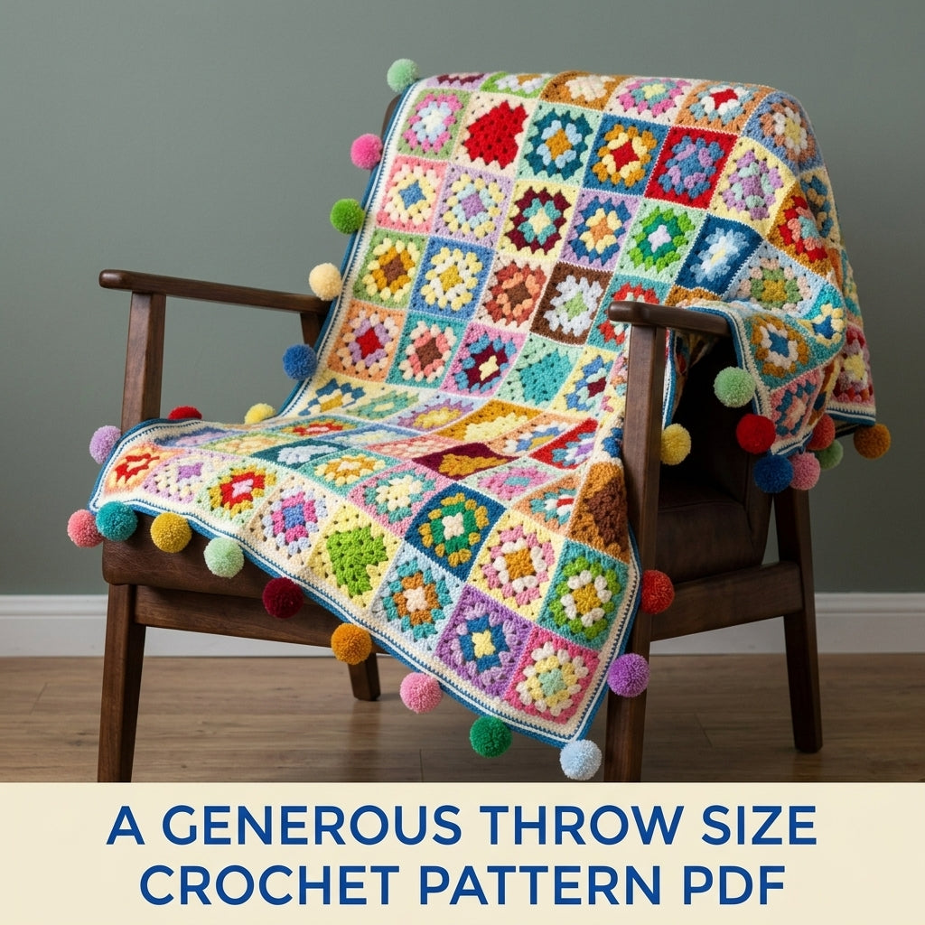 Rainbow Granny Square Pompom Blanket Crochet Pattern PDF – Scrap Throw with Pompoms