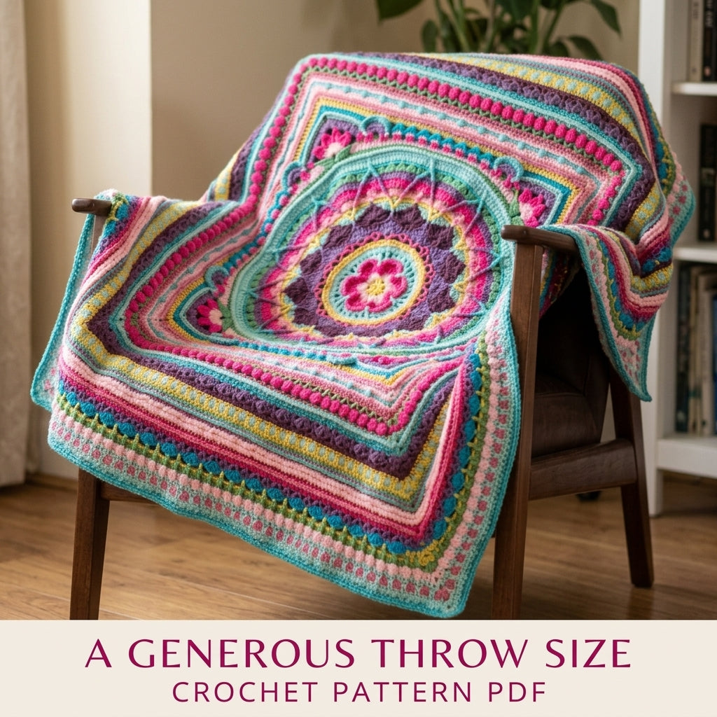 Candy Sunburst Mandala Blanket Crochet Pattern PDF – Bright Textured Square Throw