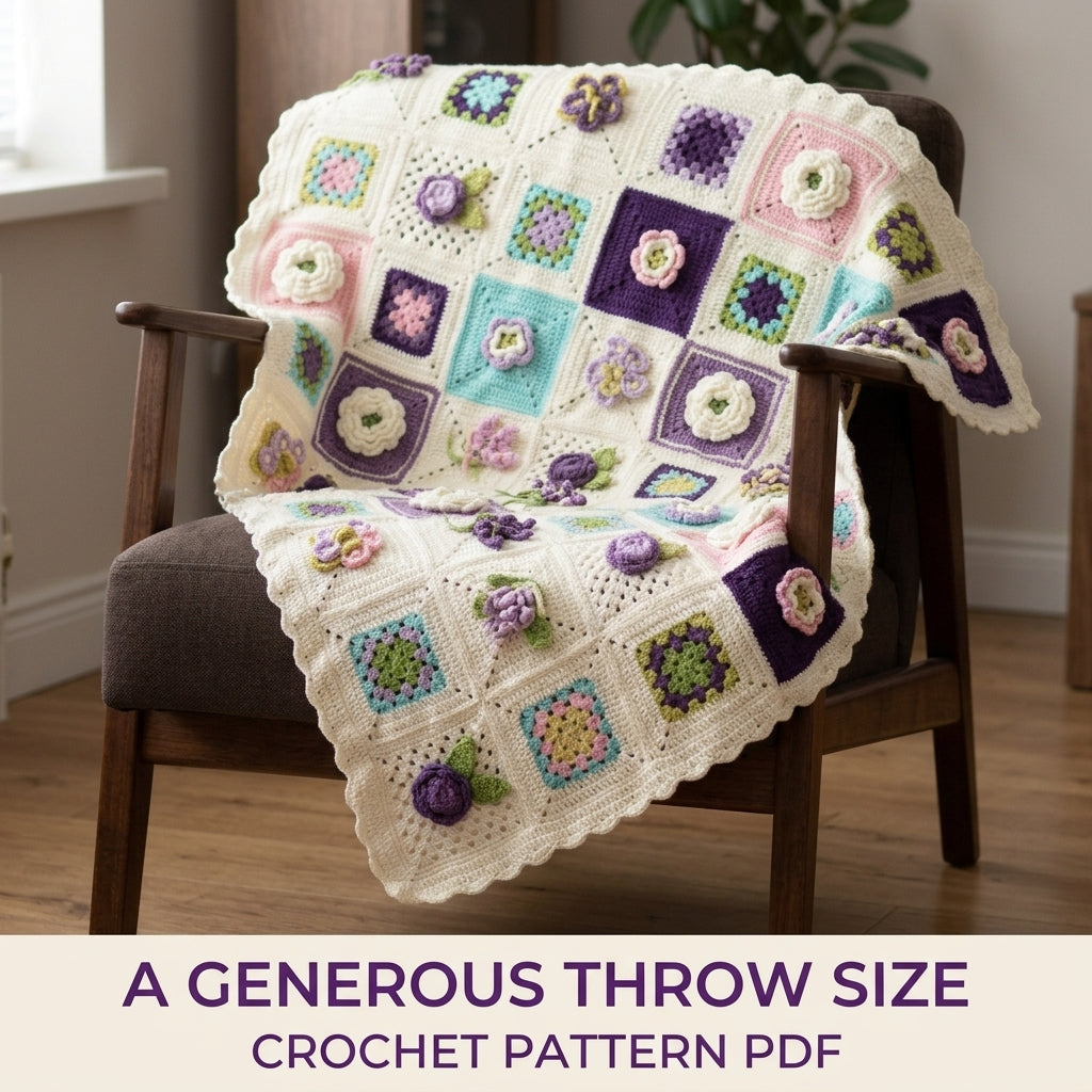 3D Flower Granny Sampler Blanket Crochet Pattern PDF – Rose and Violet Afghan