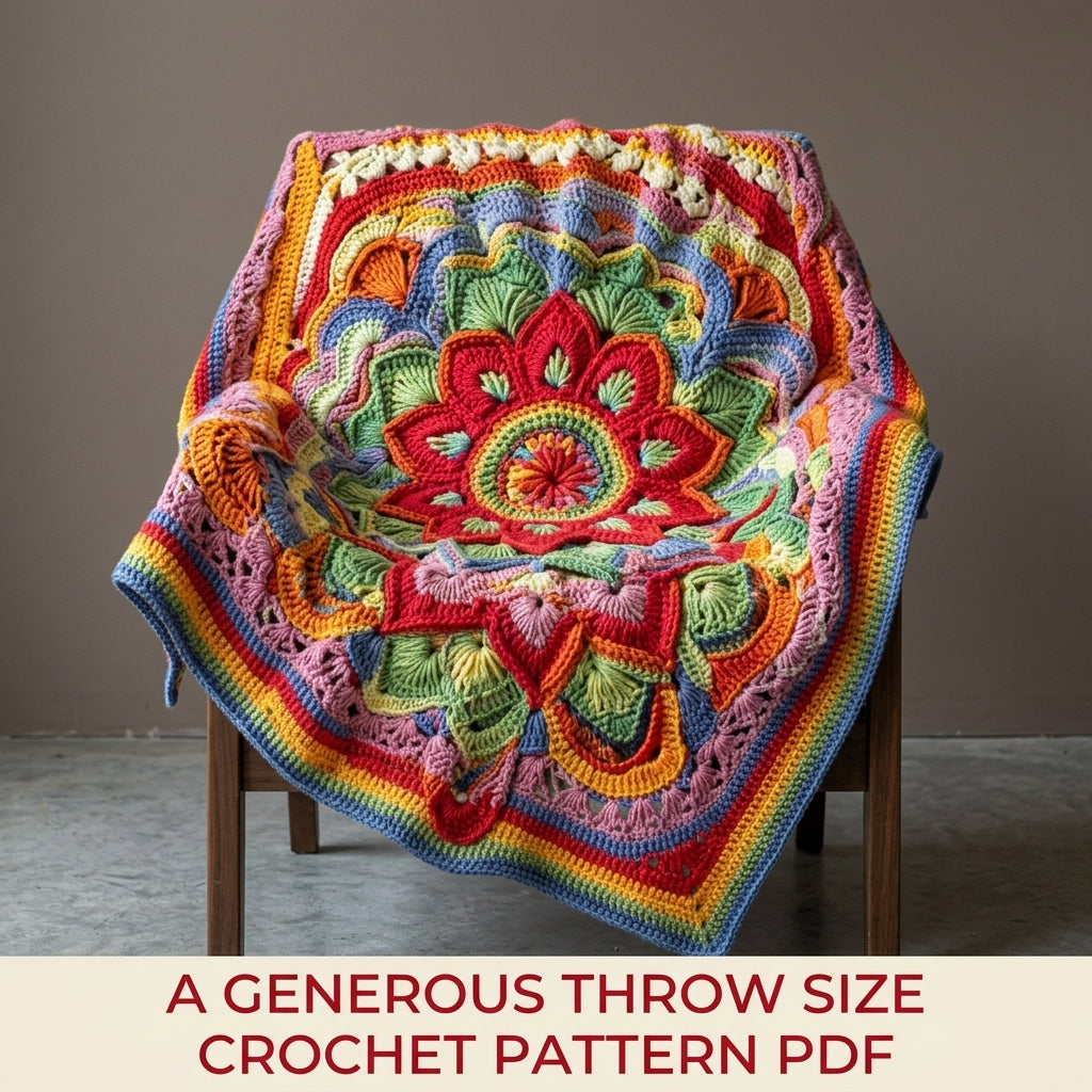Rainbow Bloom Crochet Blanket Pattern PDF – Textured Overlay Mandala Throw with Stripes