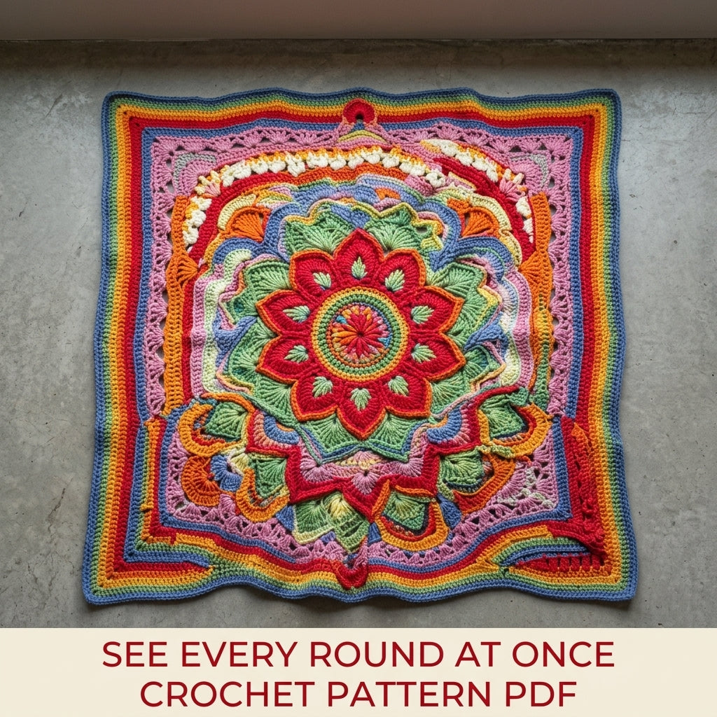 Rainbow Bloom Crochet Blanket Pattern PDF – Textured Overlay Mandala Throw with Stripes