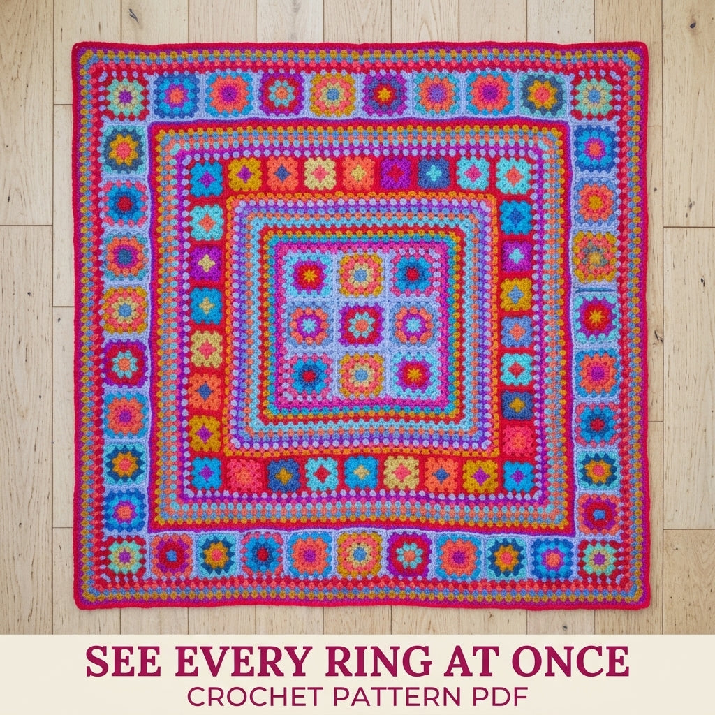 Sunset Granny Medallion Blanket Crochet Pattern PDF – Bright Pink and Orange Granny Throw