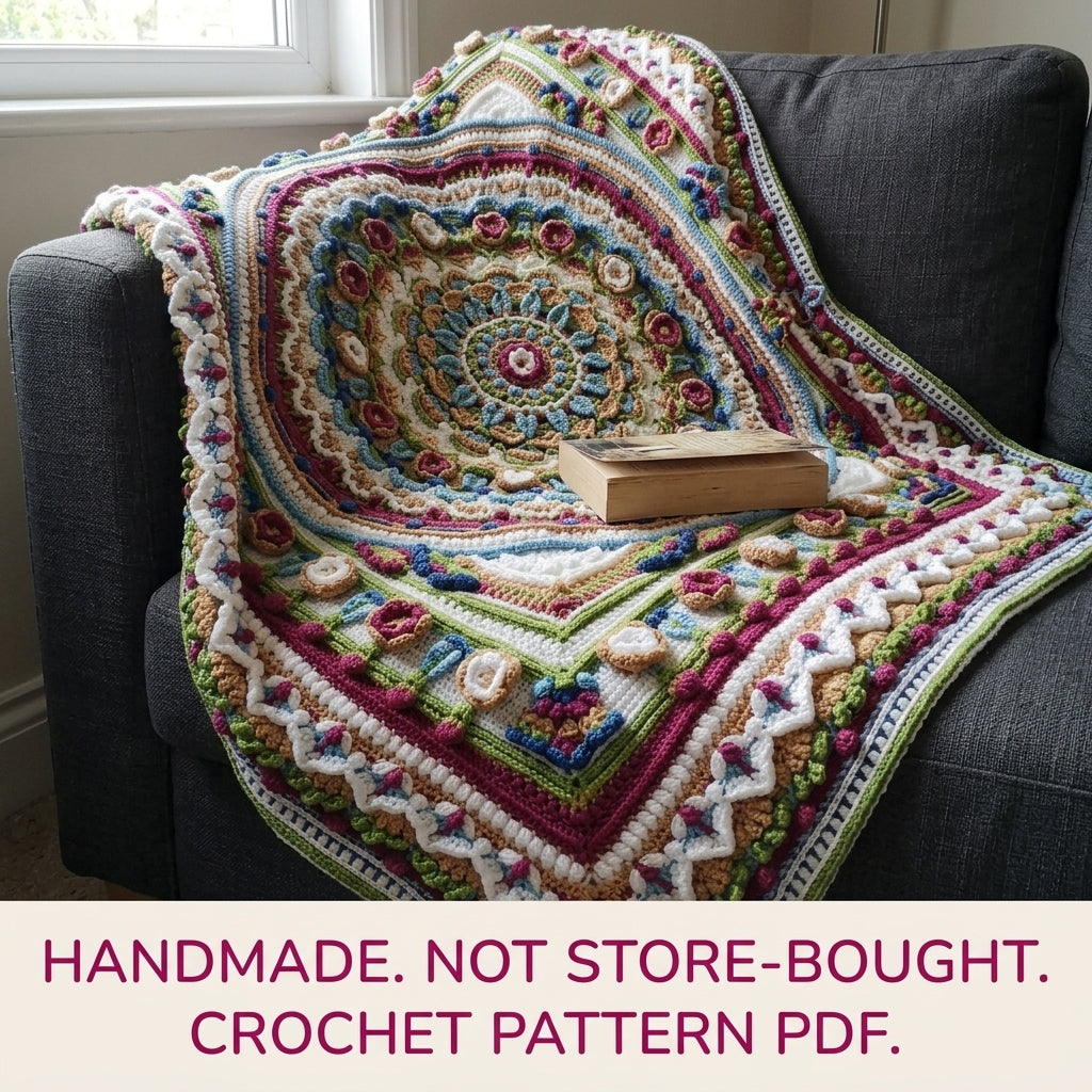 Jewel Overlay Mandala Blanket Crochet Pattern PDF – Colourful Textured Throw