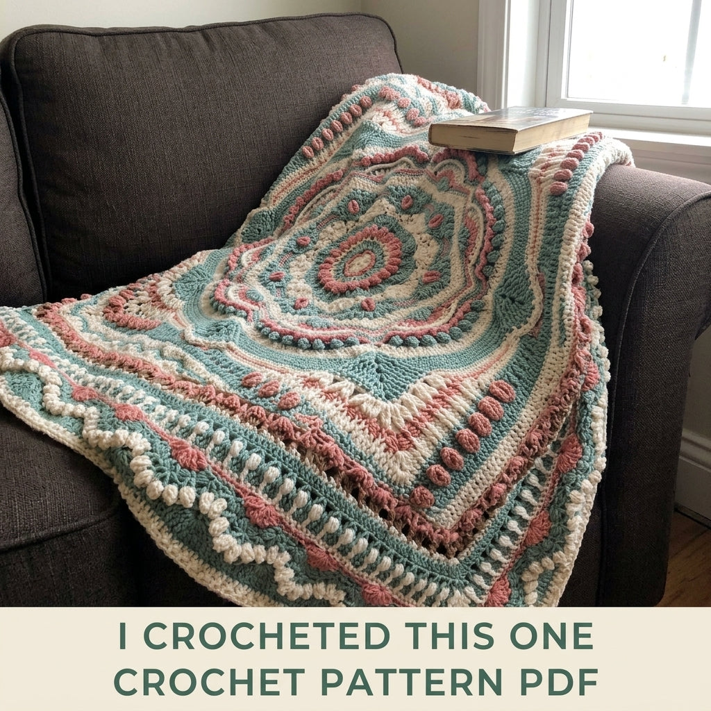 Sage Bloom Textured Crochet Blanket Pattern PDF – Sage, Cream and Coral Bobble Mandala Throw