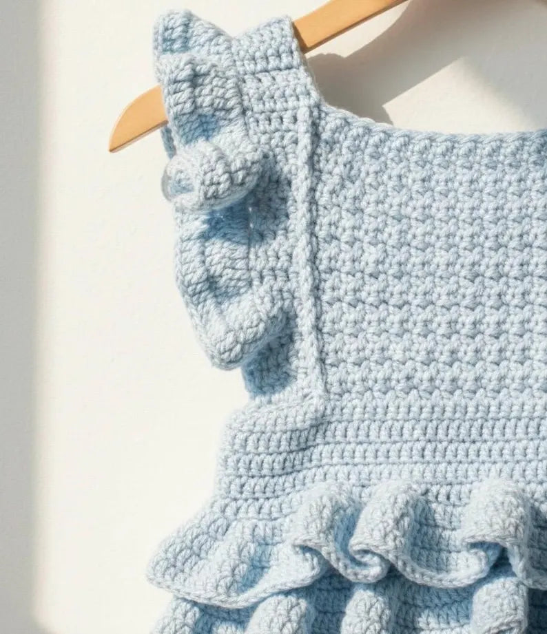 Blue Ruffle Baby Romper Crochet Pattern | Vintage Sunsuit (0-6 Months) (PDF Pattern)