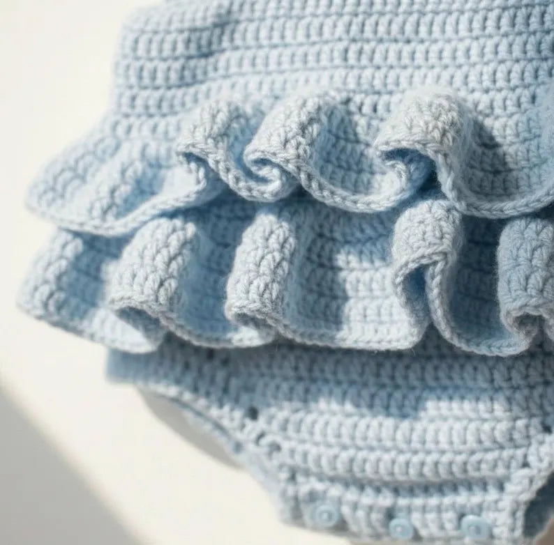 Blue Ruffle Baby Romper Crochet Pattern | Vintage Sunsuit (0-6 Months) (PDF Pattern)
