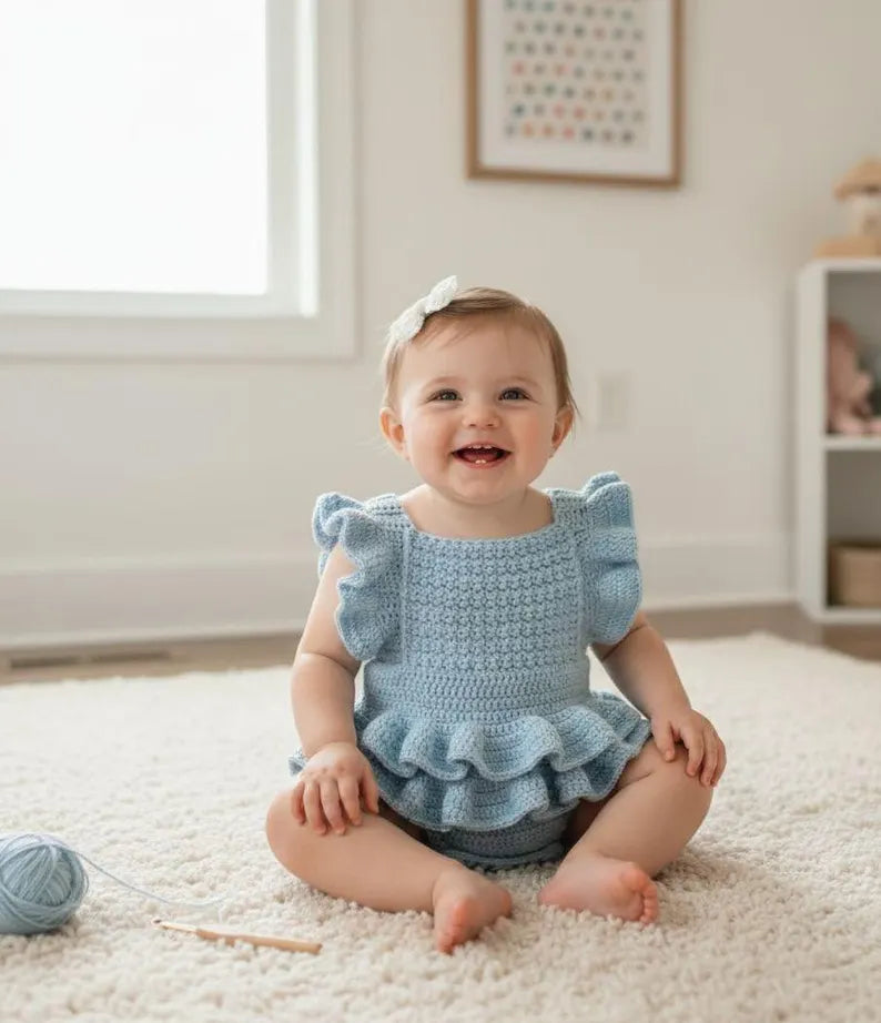 Blue Ruffle Baby Romper Crochet Pattern | Vintage Sunsuit (0-6 Months) (PDF Pattern)