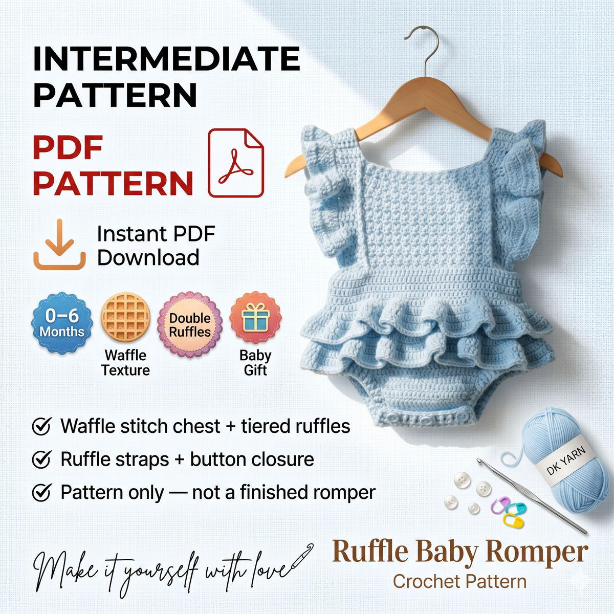 Blue Ruffle Baby Romper Crochet Pattern | Vintage Sunsuit (0-6 Months) (PDF Pattern)