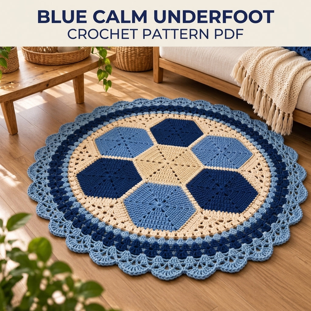 Blue Hexagon Round Rug Crochet Pattern PDF – Navy and Cream Round Rug