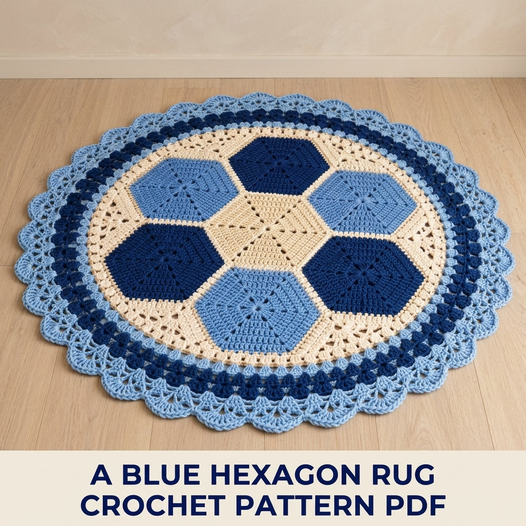 Blue Hexagon Round Rug Crochet Pattern PDF – Navy and Cream Round Rug