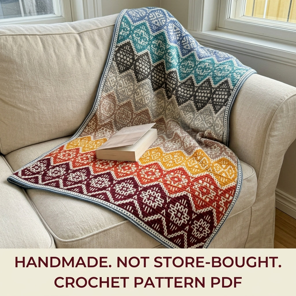 Gradient Mosaic Diamond Blanket Crochet Pattern PDF – Colour Band Mosaic Throw