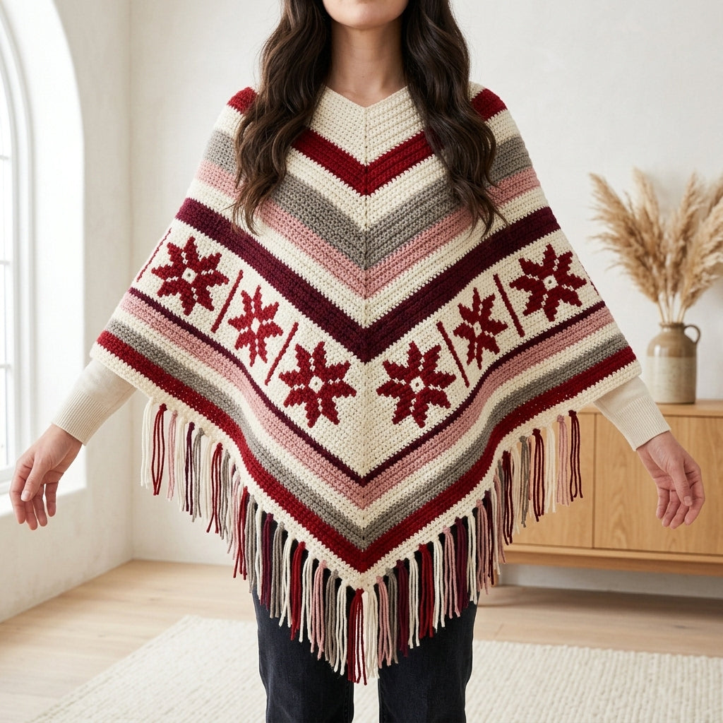 Burgundy Star Poncho Crochet Pattern PDF – Boho Fringe Poncho with Colourwork Band