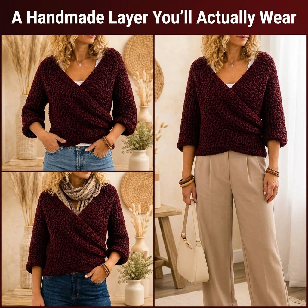 Wrap Front Sweater Crochet Pattern — Textured Surplice Jumper with 3/4 Sleeves, Sizes XS–3XL, US Terms, PDF Download