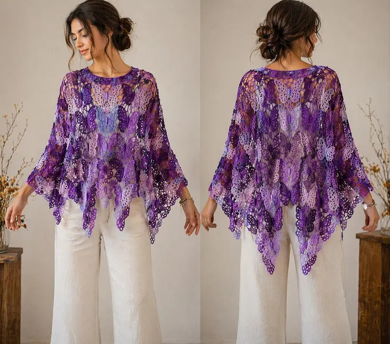 Butterfly Crochet Poncho Pattern PDF | Lace Poncho Crochet Sports Top/Cardigan Pattern Join As You Go Motif Poncho Beginner Friendly