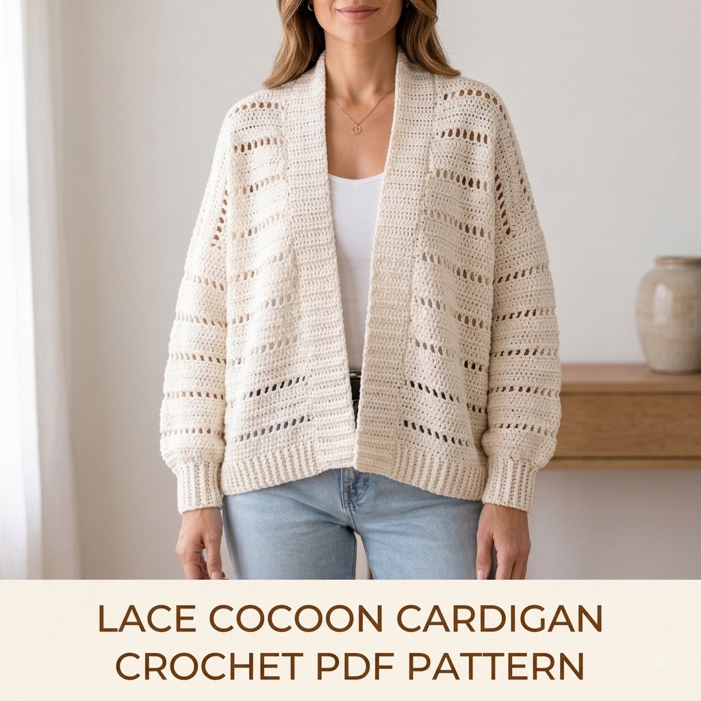Lace Cocoon Cardigan Crochet Pattern PDF – Oversized Eyelet Cardigan with Ribbed Cuffs