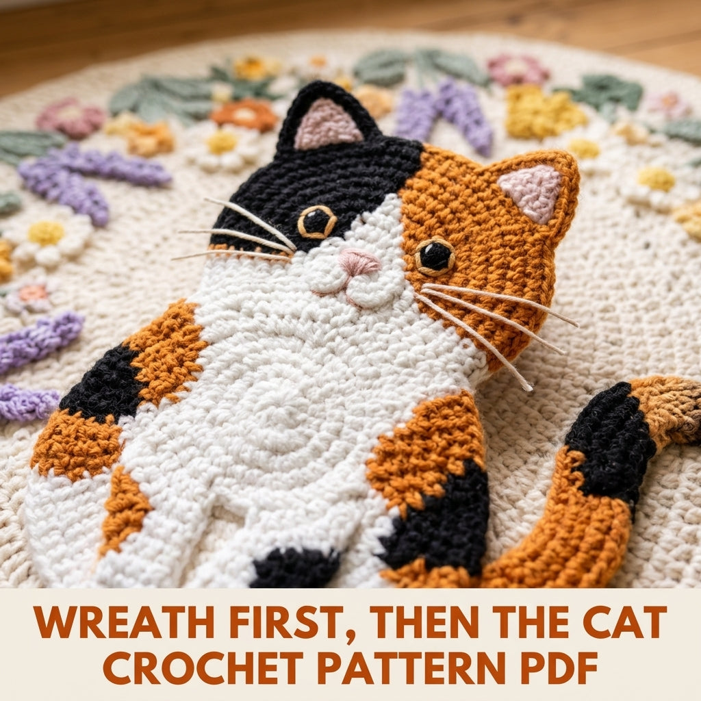 Calico Cat Flower Round Rug Crochet Pattern PDF – Cat Rug with Flower Wreath