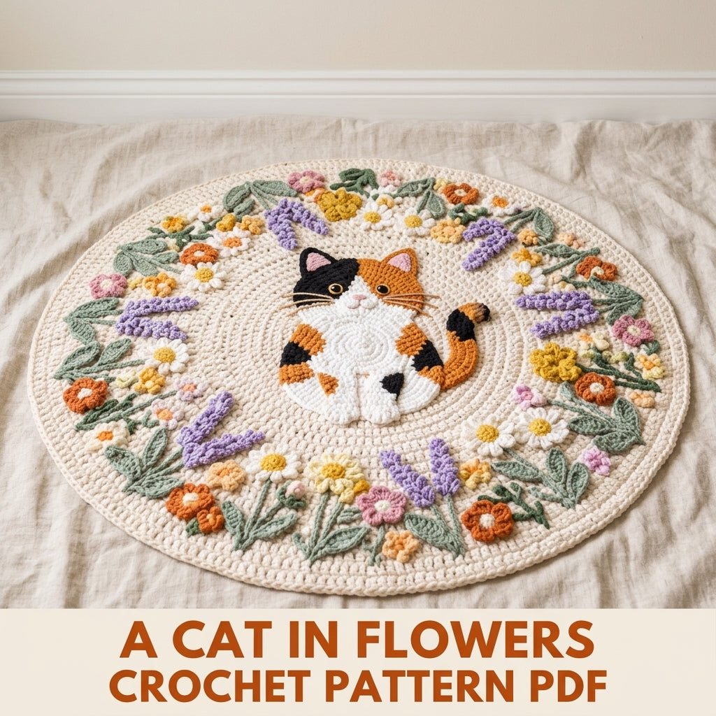 Calico Cat Flower Round Rug Crochet Pattern PDF – Cat Rug with Flower Wreath