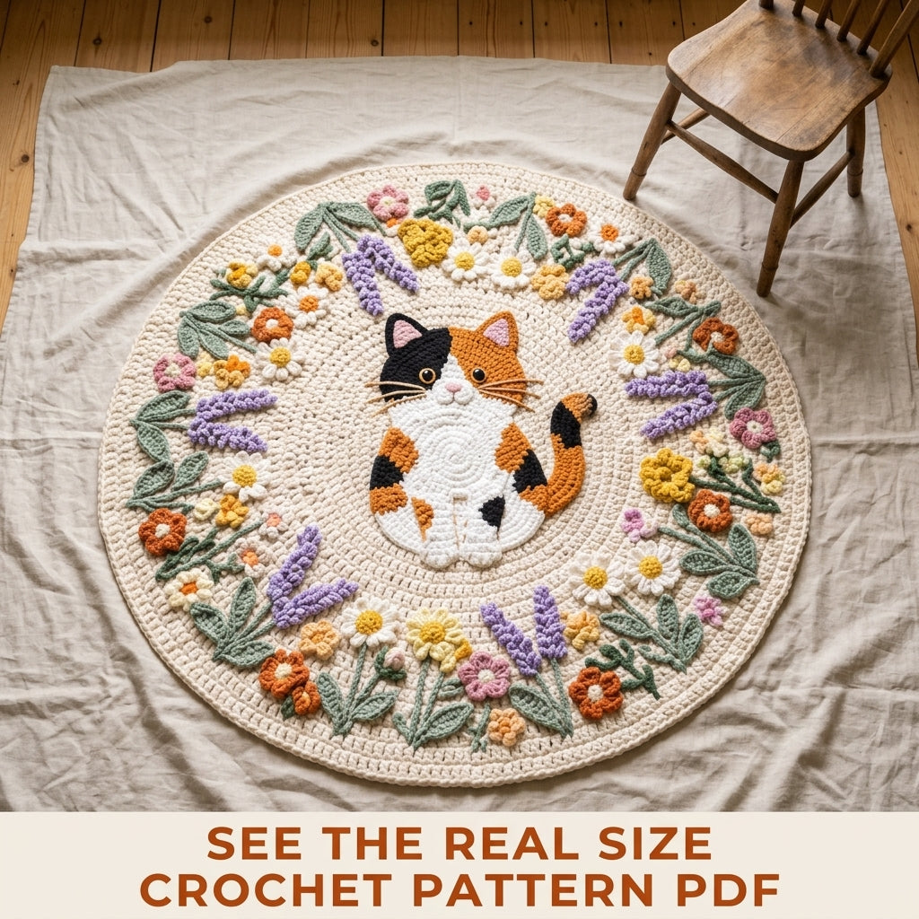 Calico Cat Flower Round Rug Crochet Pattern PDF – Cat Rug with Flower Wreath