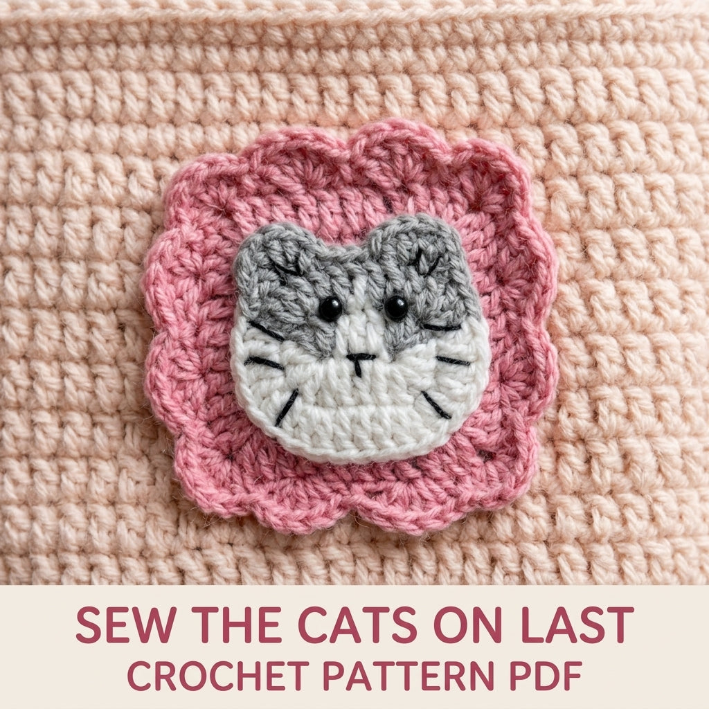 Kitty Patch Tote Bag Crochet Pattern PDF – Cat Face Shoulder Bag with Flower Frames