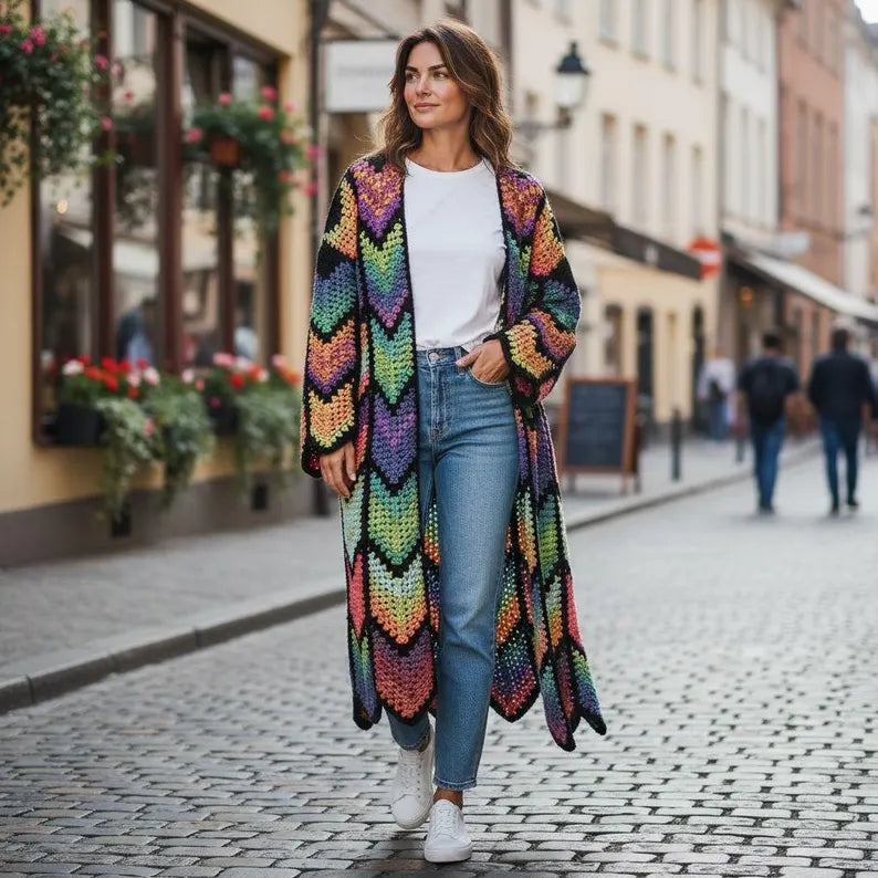 Long Coat Crochet Cardigan Pattern, Granny Stitch, Diamond colorful Batik | (English US-UK PDF)