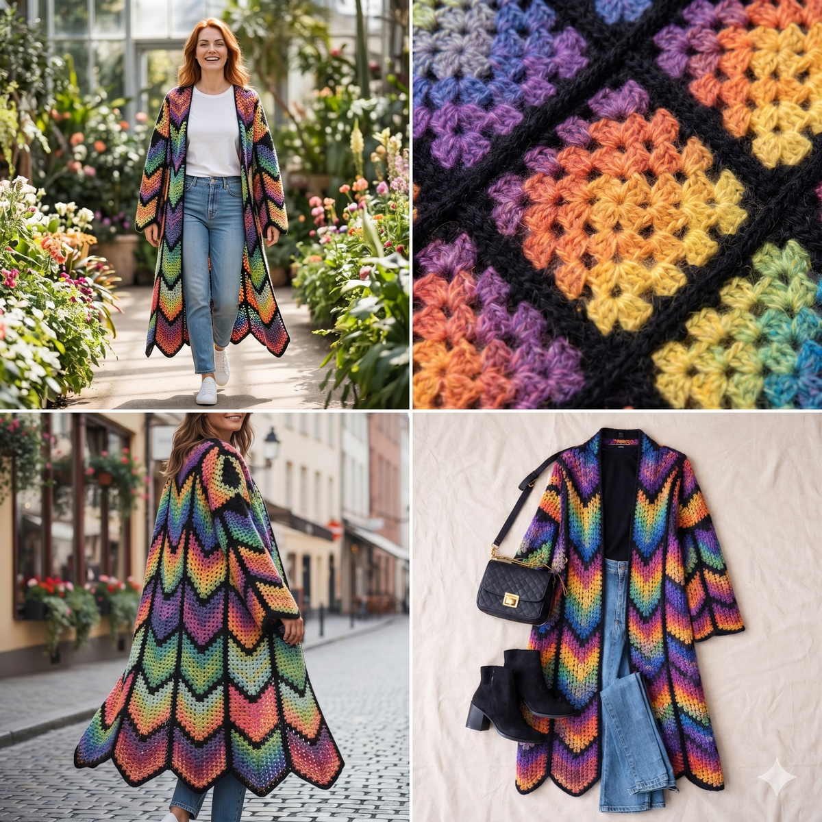 Long Coat Crochet Cardigan Pattern, Granny Stitch, Diamond colorful Batik | (English US-UK PDF)