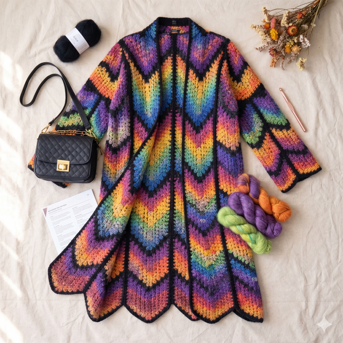 Long Coat Crochet Cardigan Pattern, Granny Stitch, Diamond colorful Batik | (English US-UK PDF)
