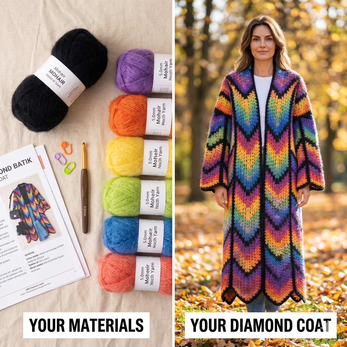 Long Coat Crochet Cardigan Pattern, Granny Stitch, Diamond colorful Batik | (English US-UK PDF)