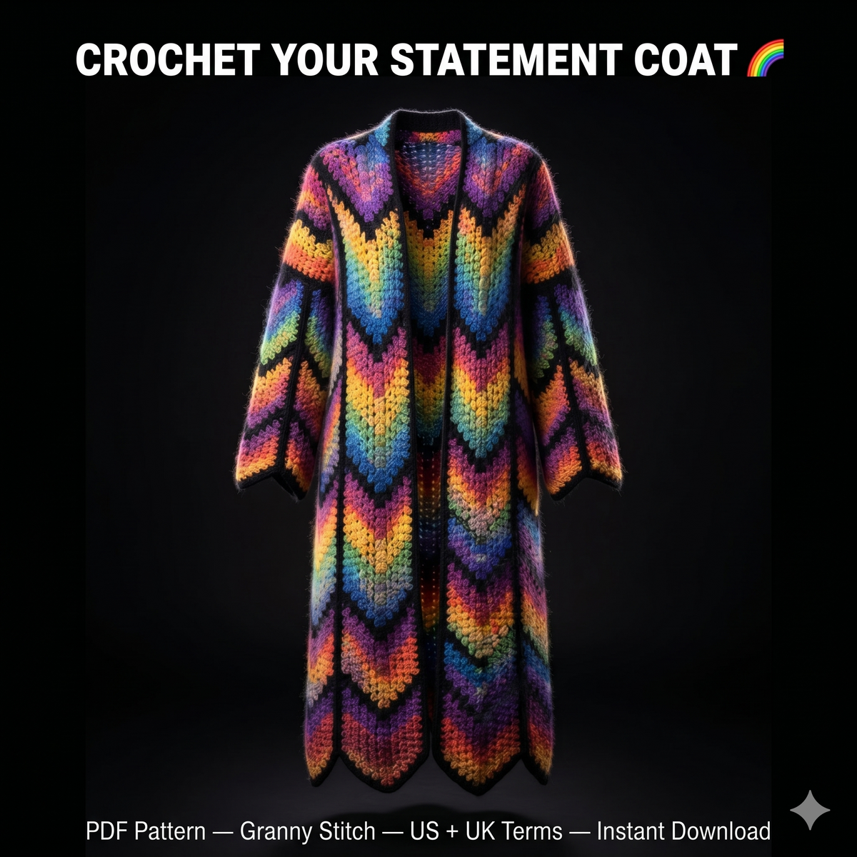 Long Coat Crochet Cardigan Pattern, Granny Stitch, Diamond colorful Batik | (English US-UK PDF)