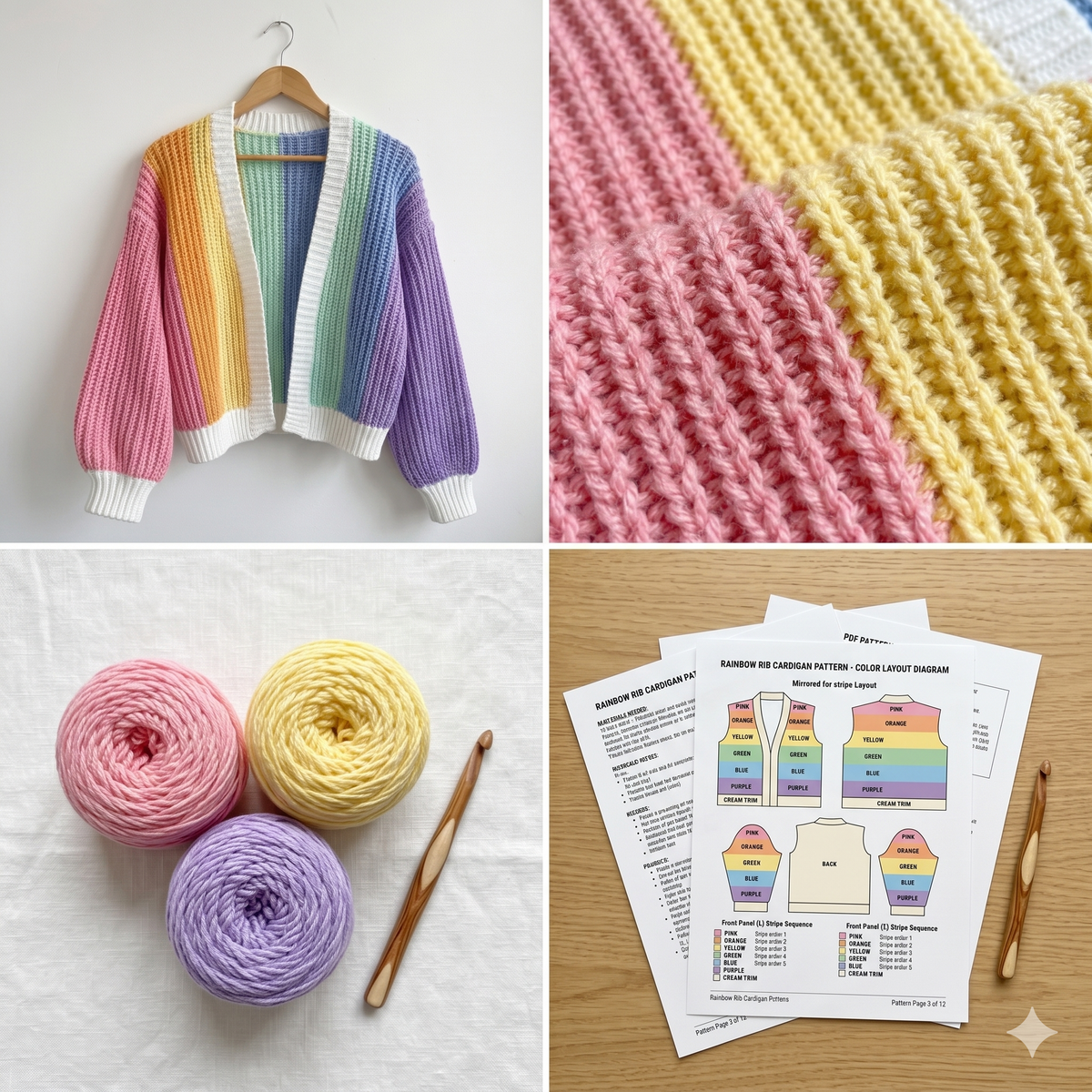 Colorful Crochet Cardigan PDF Pattern, Striped Pullover Jacket Tutorial, Beginner Knit-Look Guide, Instant Digital Download DIY