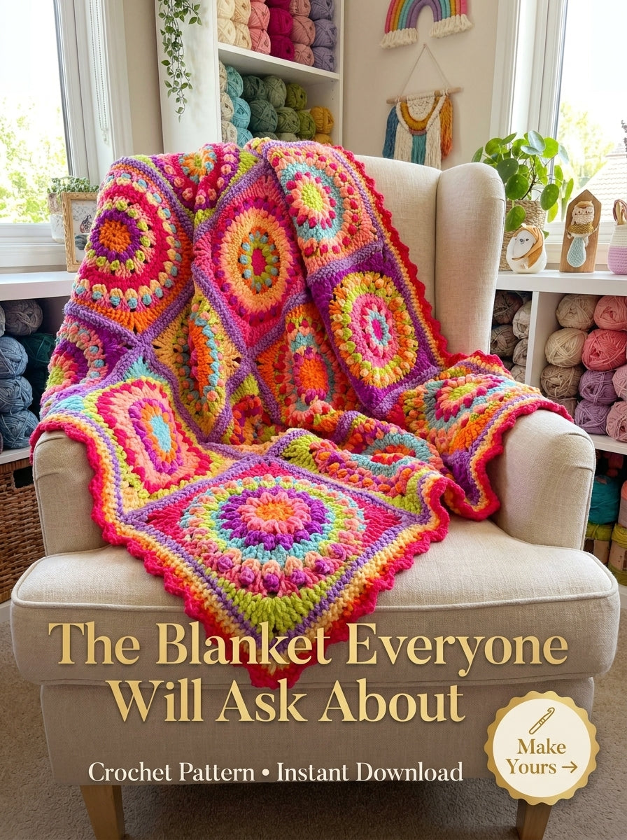 Neon Rainbow Puff Granny Square Blanket Crochet Pattern
