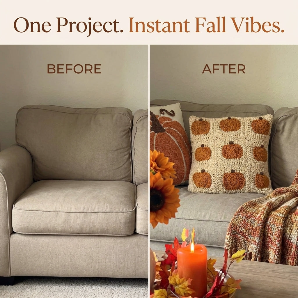 Pumpkin Granny Square Cushion Crochet Pattern — Autumn Pillow Cover in Cream and Rust, US Terms, PDF Download