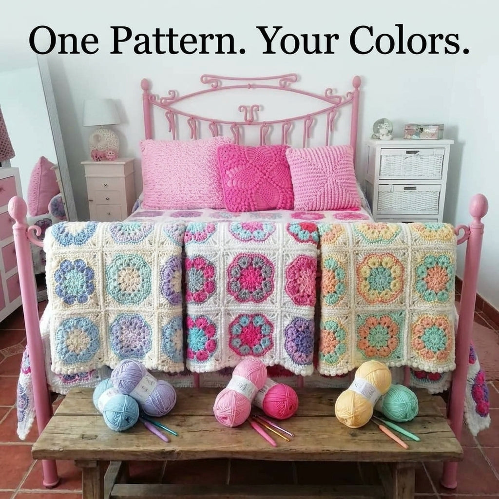 Flower Granny Square Bedspread Crochet Pattern — White-Framed Vintage Afghan with Popcorn Petals, US Terms, PDF Download