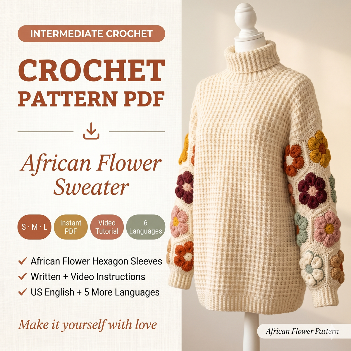Crochet pattern, Crochet African flower sweater PDF Pattern, chunky oversized sweatshirt video tutorial, women winter jumper, cozy pullover