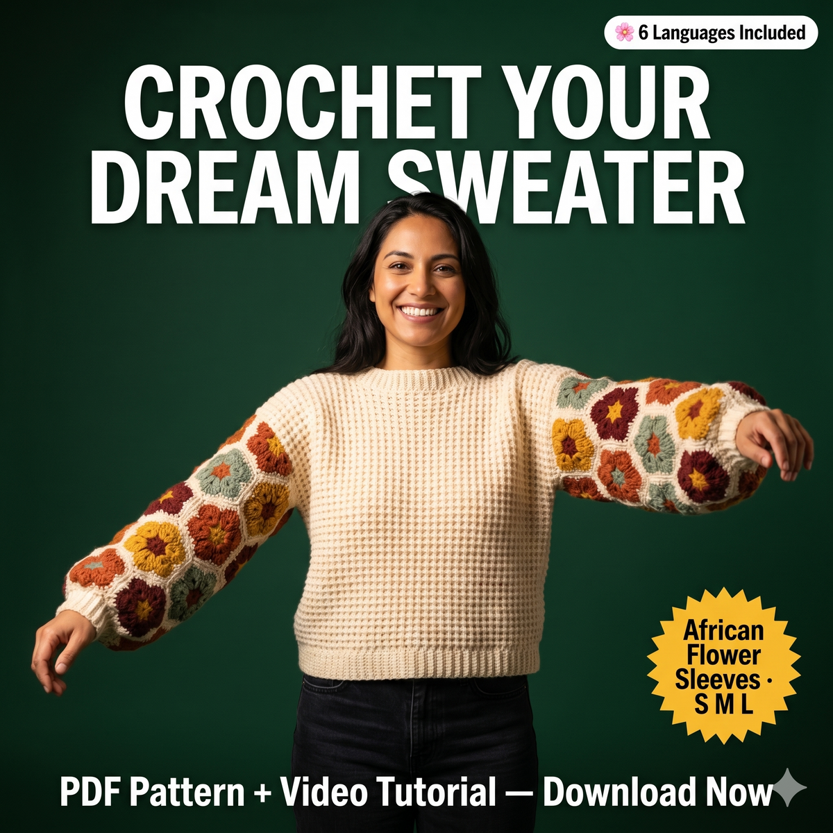 Crochet pattern, Crochet African flower sweater PDF Pattern, chunky oversized sweatshirt video tutorial, women winter jumper, cozy pullover