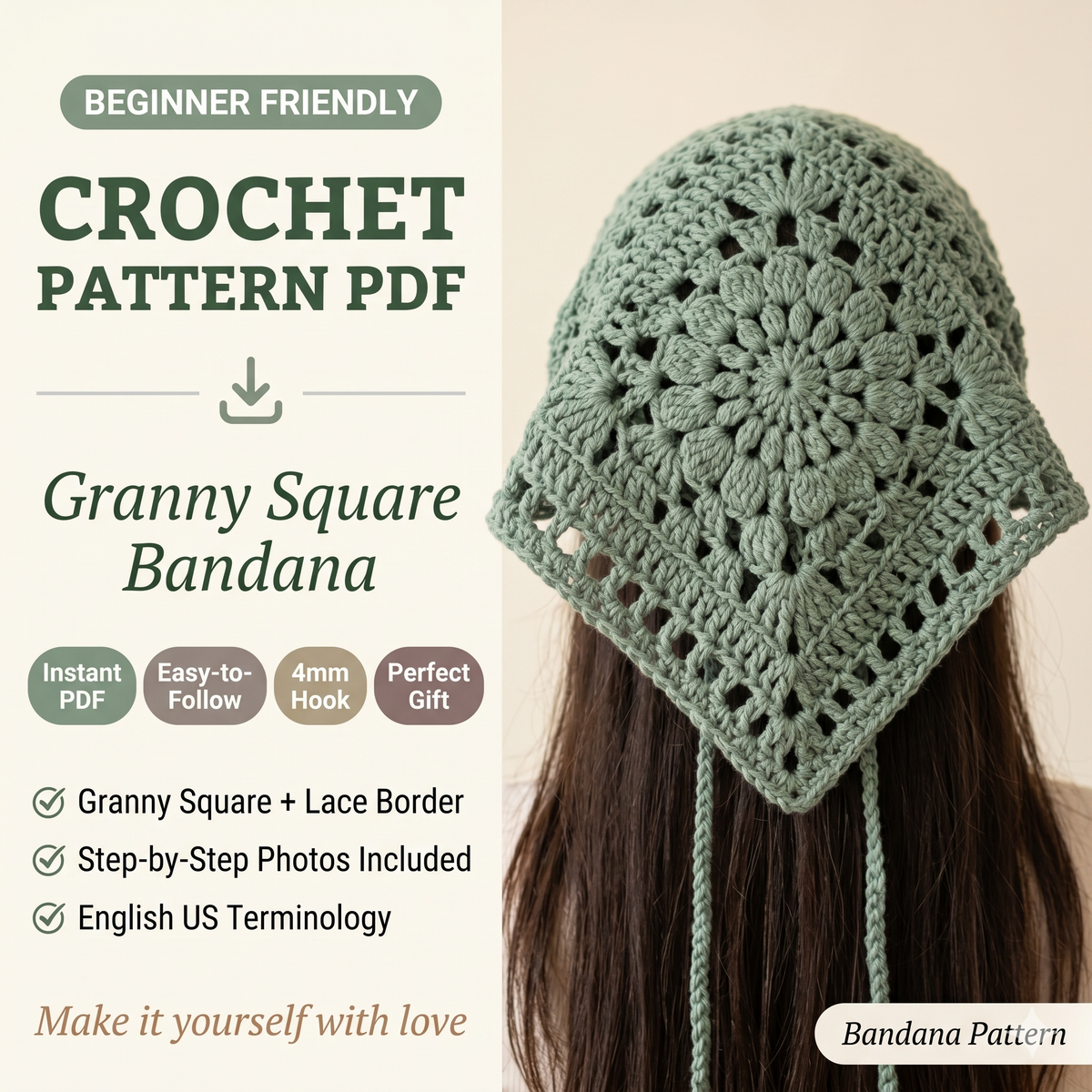Crochet Bandana Pattern: Pink Granny Square Headscarf (PDF Tutorial)