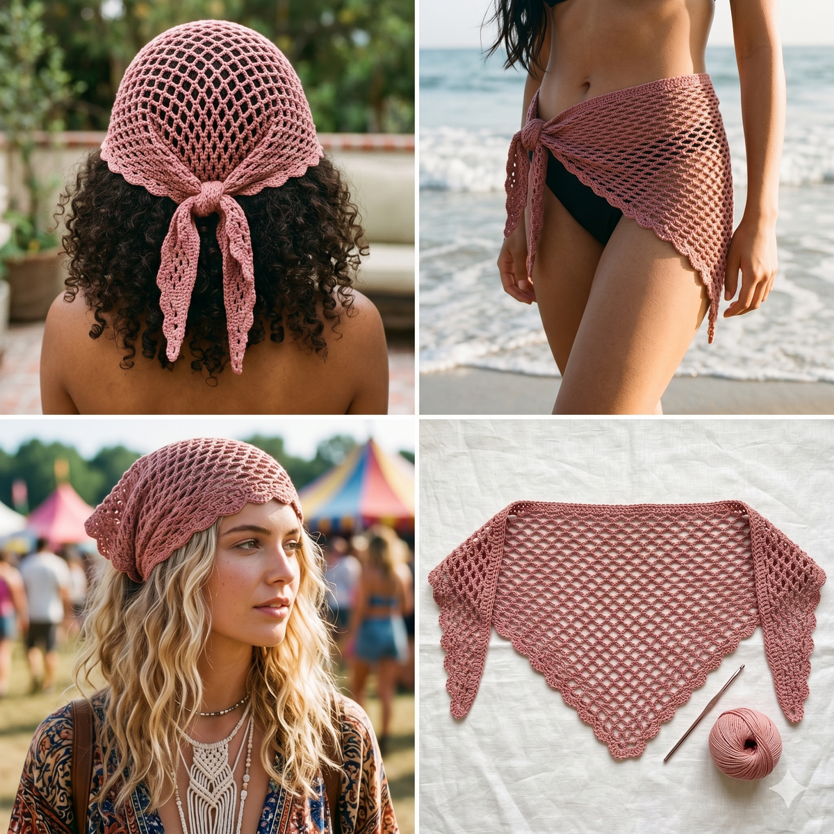 Crochet Bandanna PDF Pattern | Mesh Hair Scarf | Boho Headscarf | Summer Hip Wrap | Summer Crochet Tee | Digital Download | Crochet Pattern
